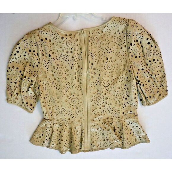 Lauren Ralph Lauren Women's Sz 10 Beige Lamb Leather Peplum Cutout Blouse $395 - Picture 8 of 13